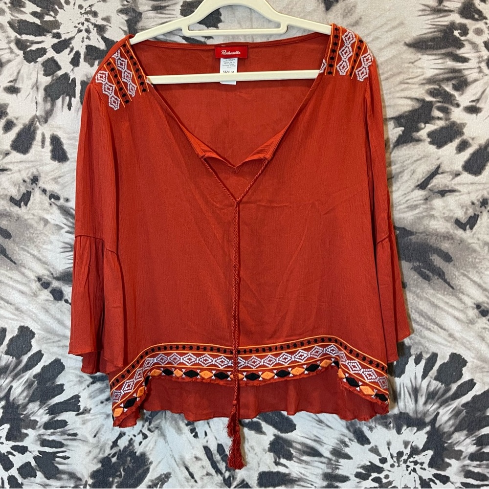 Panhandle Cropped Embroidered Blouse Aztec Geometric Print Size Medium - Picture 4 of 7